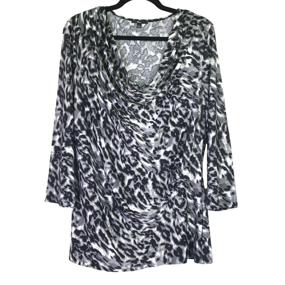 Milano Leopard Print Cowl Neck Ruched Top L Grey Black